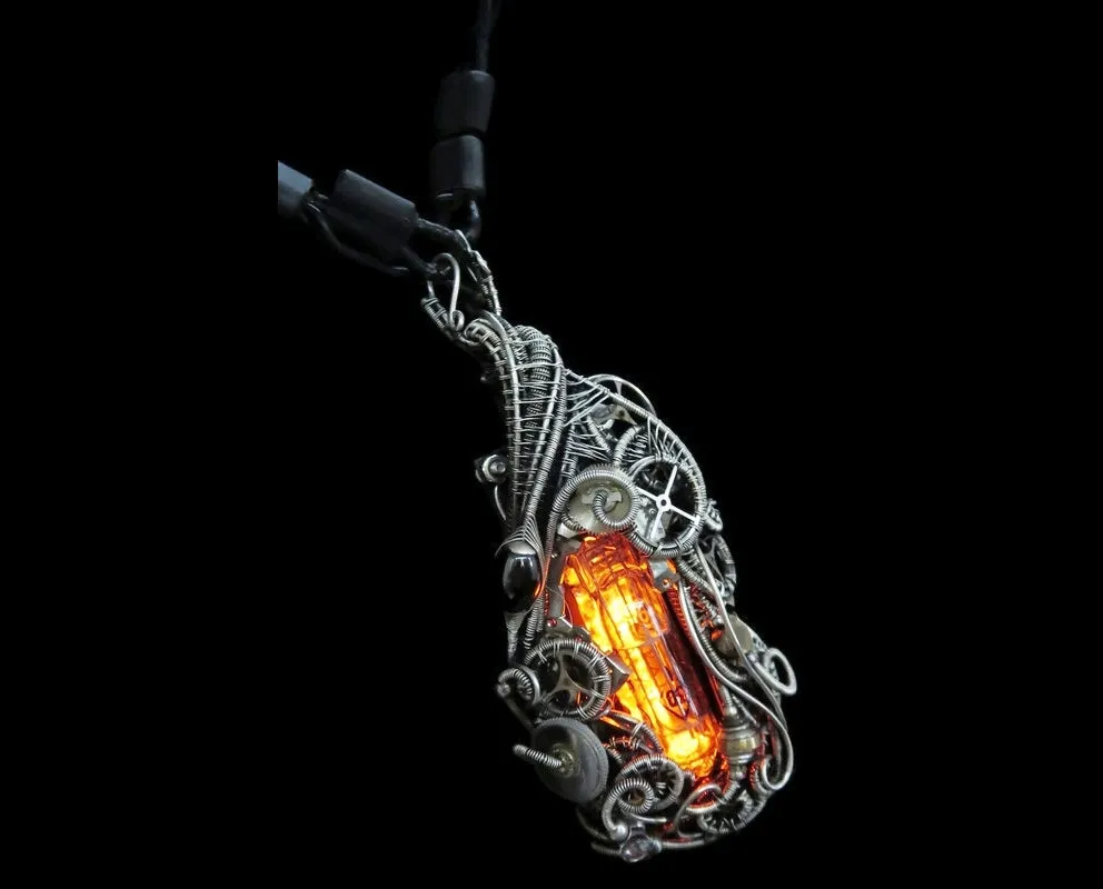 Orange Nixie Tube Cyberpunk Necklace with Upcycled Electronic and Watch Parts
