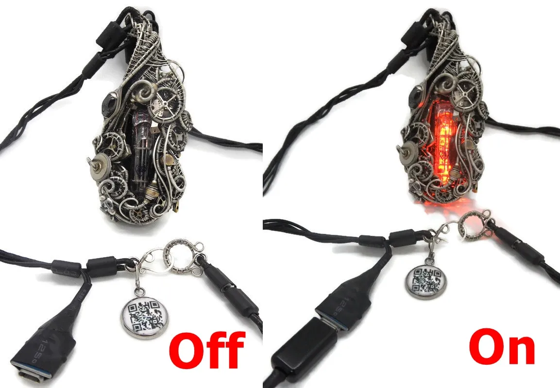 Orange Nixie Tube Cyberpunk Necklace with Upcycled Electronic and Watch Parts