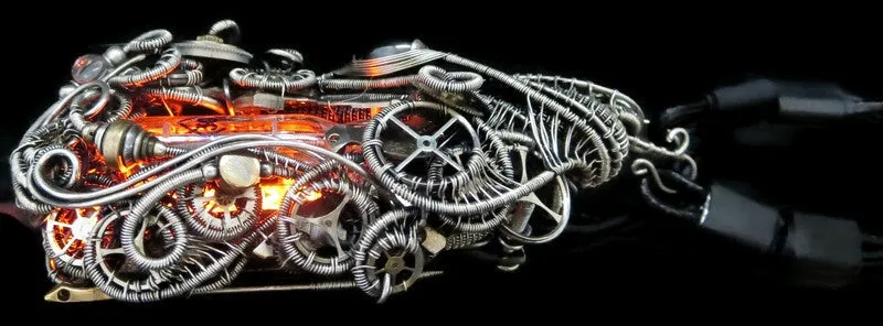 Orange Nixie Tube Cyberpunk Necklace with Upcycled Electronic and Watch Parts