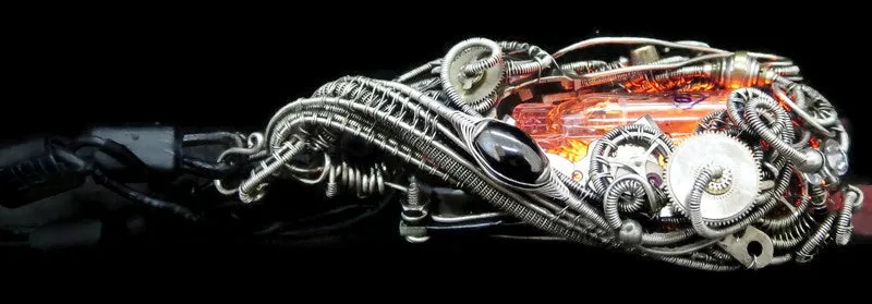 Orange Nixie Tube Cyberpunk Necklace with Upcycled Electronic and Watch Parts