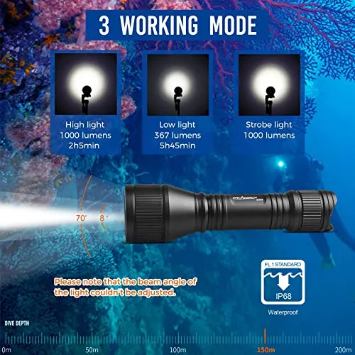 ORCATORCH D550 Dive Light 1000 Lumens Scuba Diving Flashlight 3 Modes IP68 Waterproof Underwater Lights Night Dive Submarine Torch with Wrist Mount for Outdoor Exploration Under Water Sports
