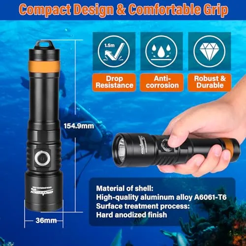 ORCATORCH D710 Scuba Diving Light, 3000 Lumens Super Bright Underwater Flashlight with 6 Degrees Narrow Beam, IP68 Waterproof Night Dive Torch 150 Meters Submersible Light (Black)