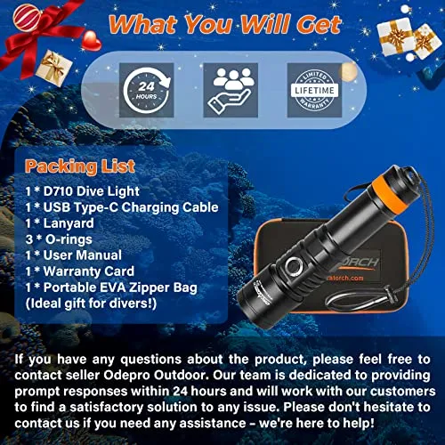 ORCATORCH D710 Scuba Diving Light, 3000 Lumens Super Bright Underwater Flashlight with 6 Degrees Narrow Beam, IP68 Waterproof Night Dive Torch 150 Meters Submersible Light (Black)