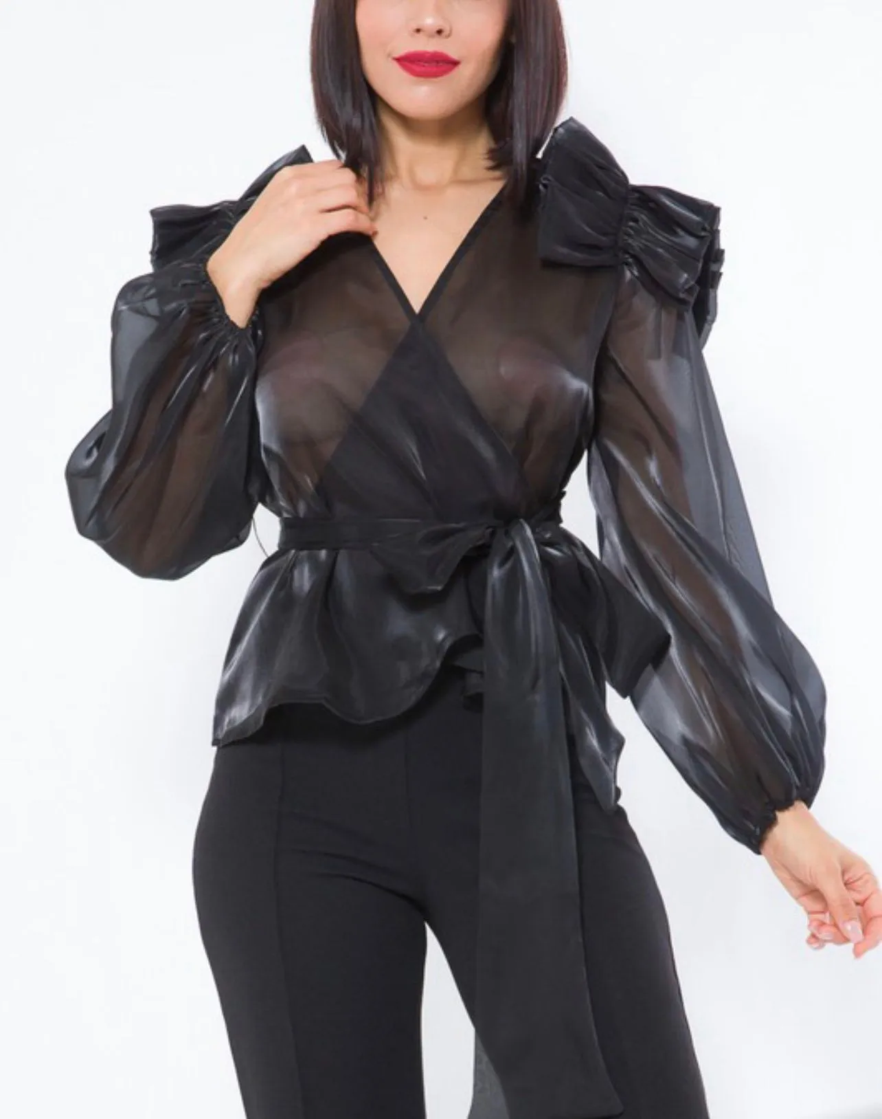 Organza Ruffle Shoulder Long Sleeve Top