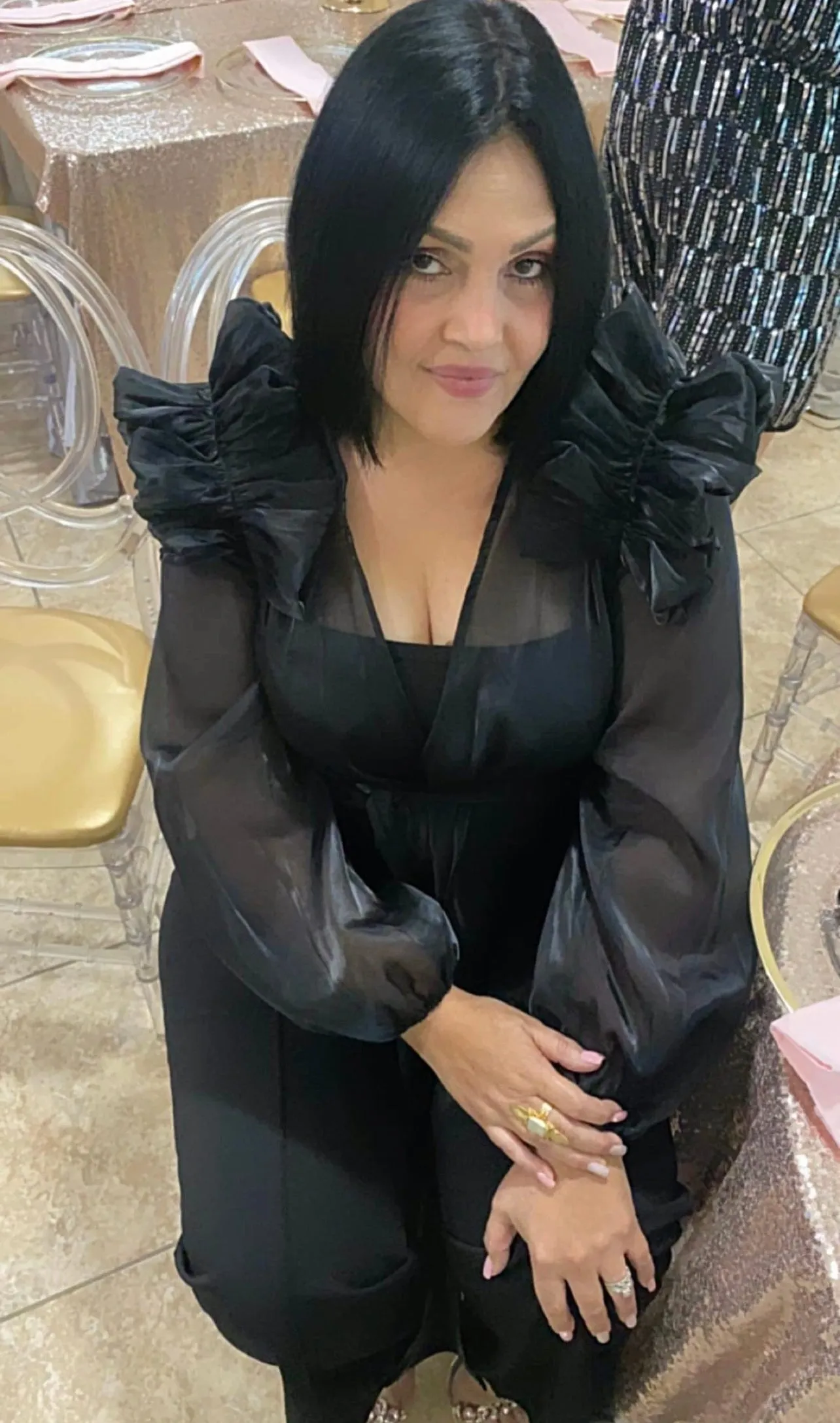 Organza Ruffle Shoulder Long Sleeve Top