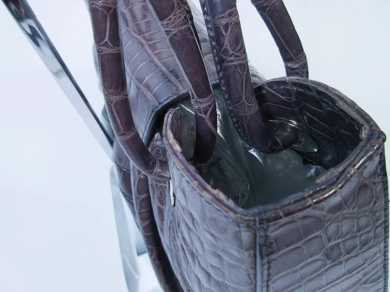 OSCAR DE LA RENTA Gray Crocodile Purse with Silver Hardware
