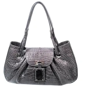 OSCAR DE LA RENTA Gray Crocodile Purse with Silver Hardware