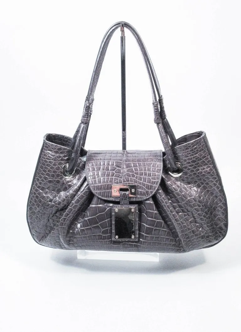 OSCAR DE LA RENTA Gray Crocodile Purse with Silver Hardware