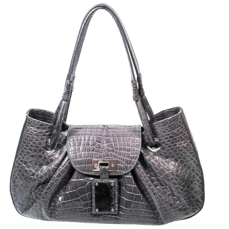 OSCAR DE LA RENTA Gray Crocodile Purse with Silver Hardware
