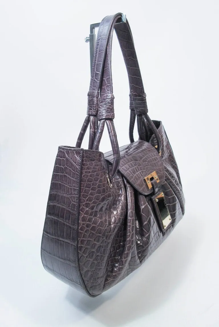 OSCAR DE LA RENTA Gray Crocodile Purse with Silver Hardware