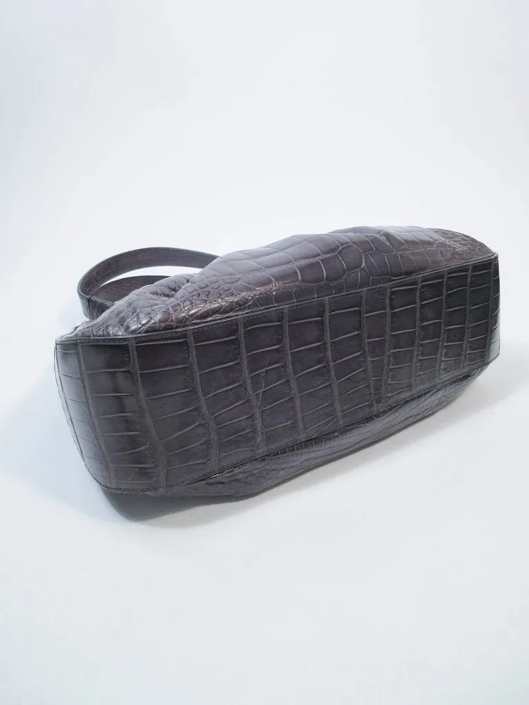 OSCAR DE LA RENTA Gray Crocodile Purse with Silver Hardware