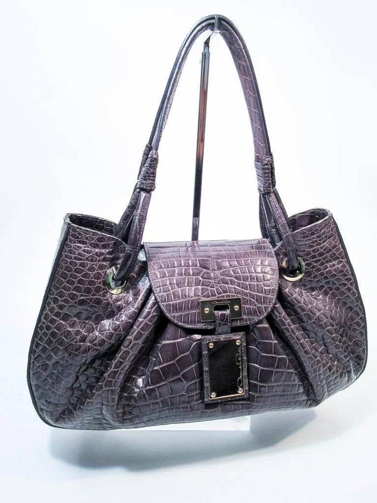 OSCAR DE LA RENTA Gray Crocodile Purse with Silver Hardware