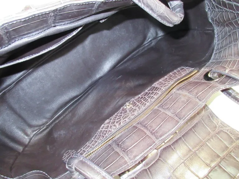 OSCAR DE LA RENTA Gray Crocodile Purse with Silver Hardware