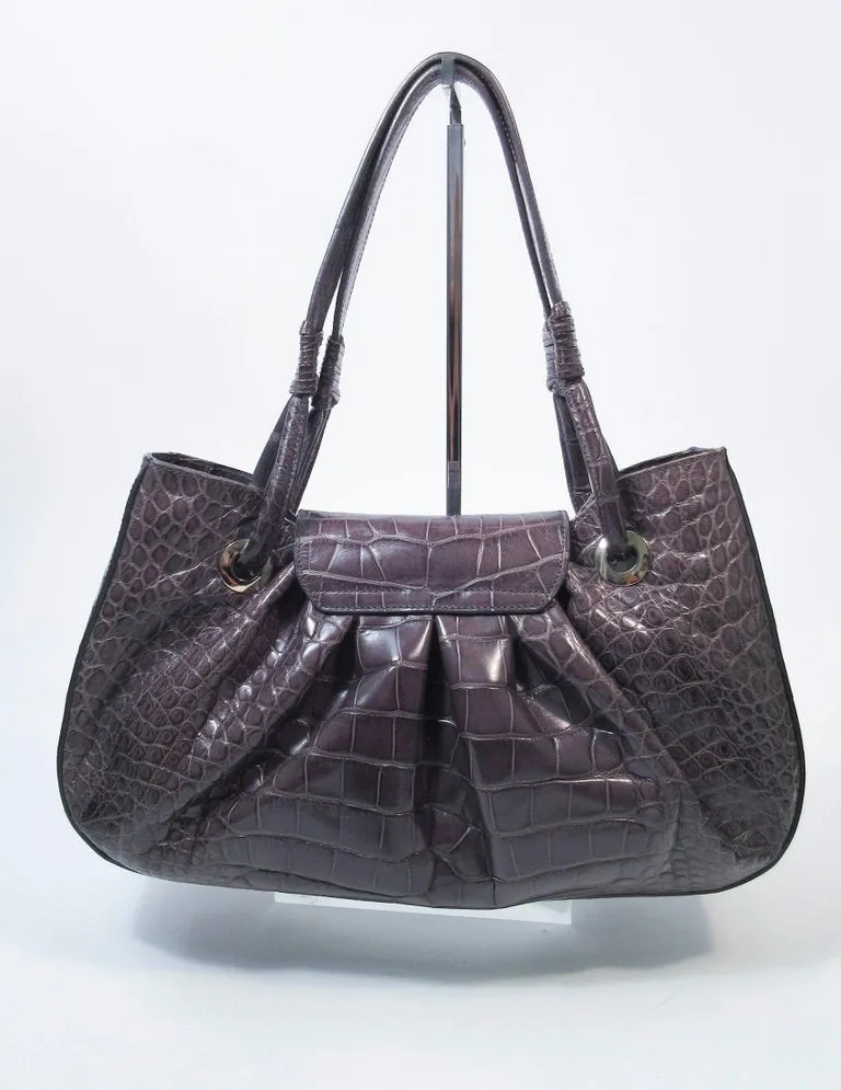 OSCAR DE LA RENTA Gray Crocodile Purse with Silver Hardware