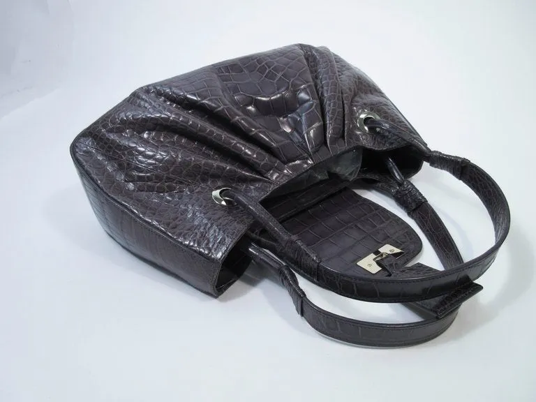 OSCAR DE LA RENTA Gray Crocodile Purse with Silver Hardware