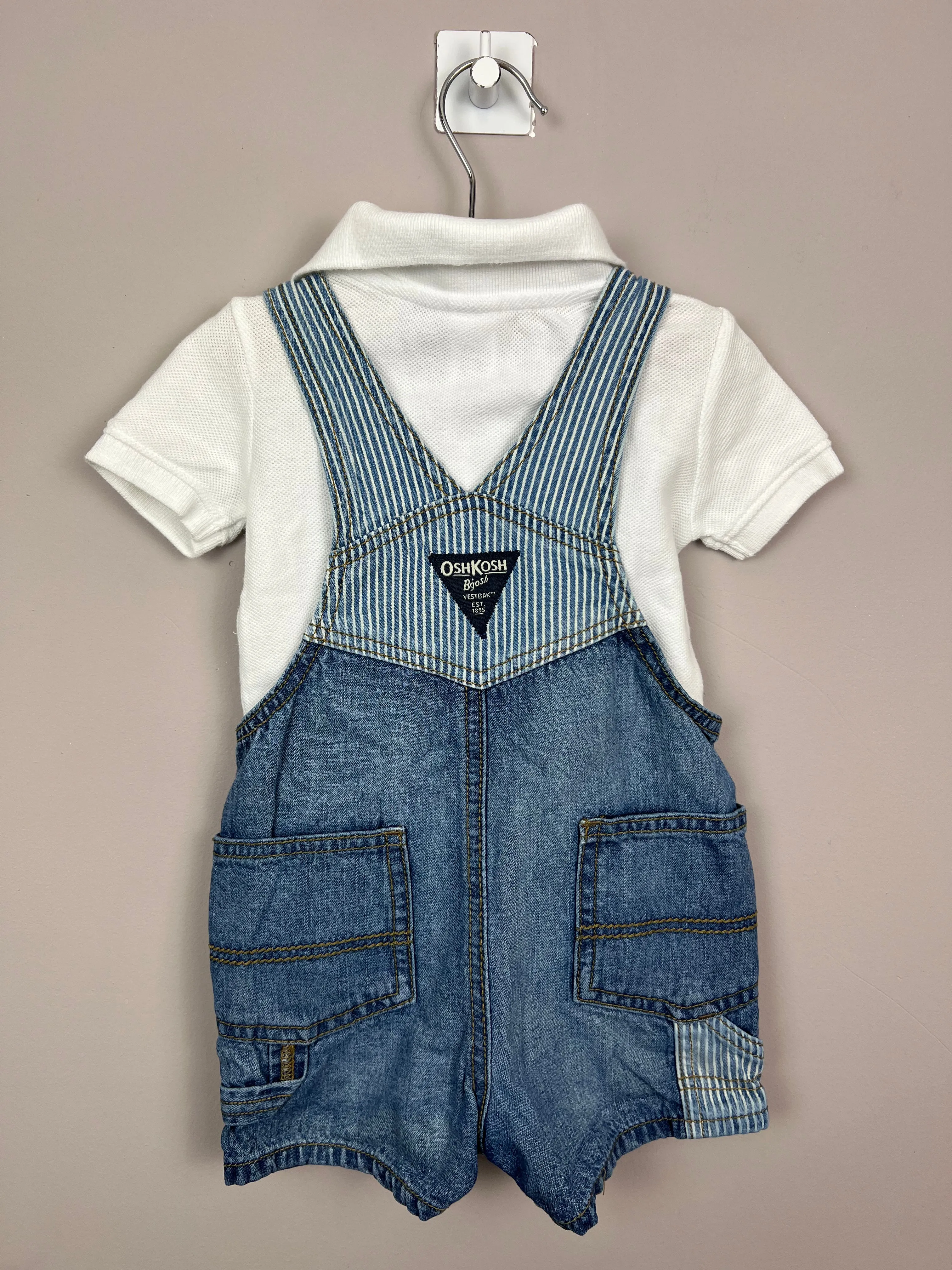 Oshkosh White Polo Hickory Pocket short Dungarees 9m