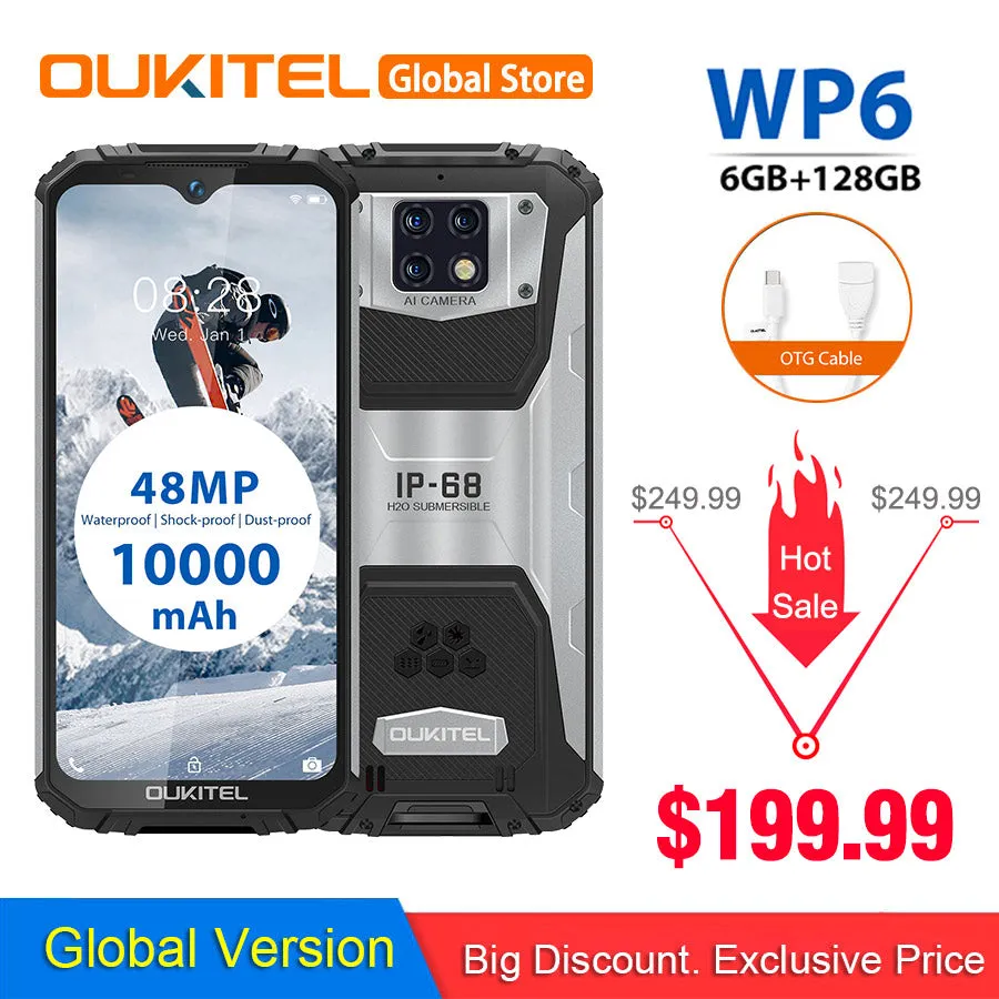 OUKITEL WP6 Ip68 Rugged Waterproof Smartphone Mt6771t Octa Core 9v/2a 10000mah Battery 48mp Triple Camera 6gb 128gb Mobile Phone Orange