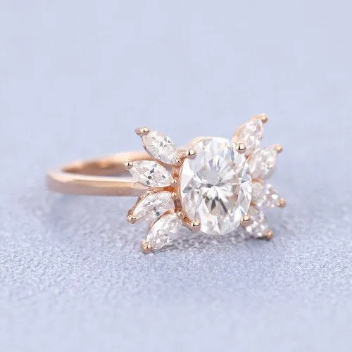 Oval Moissanite engagement ring vintage Unique Marquise cut diamond Cluster ring Rose gold ring engagement ring Bridal ring Anniversary ring