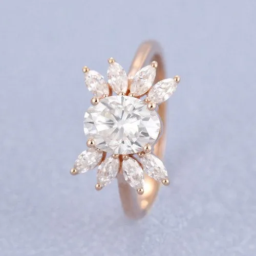 Oval Moissanite engagement ring vintage Unique Marquise cut diamond Cluster ring Rose gold ring engagement ring Bridal ring Anniversary ring