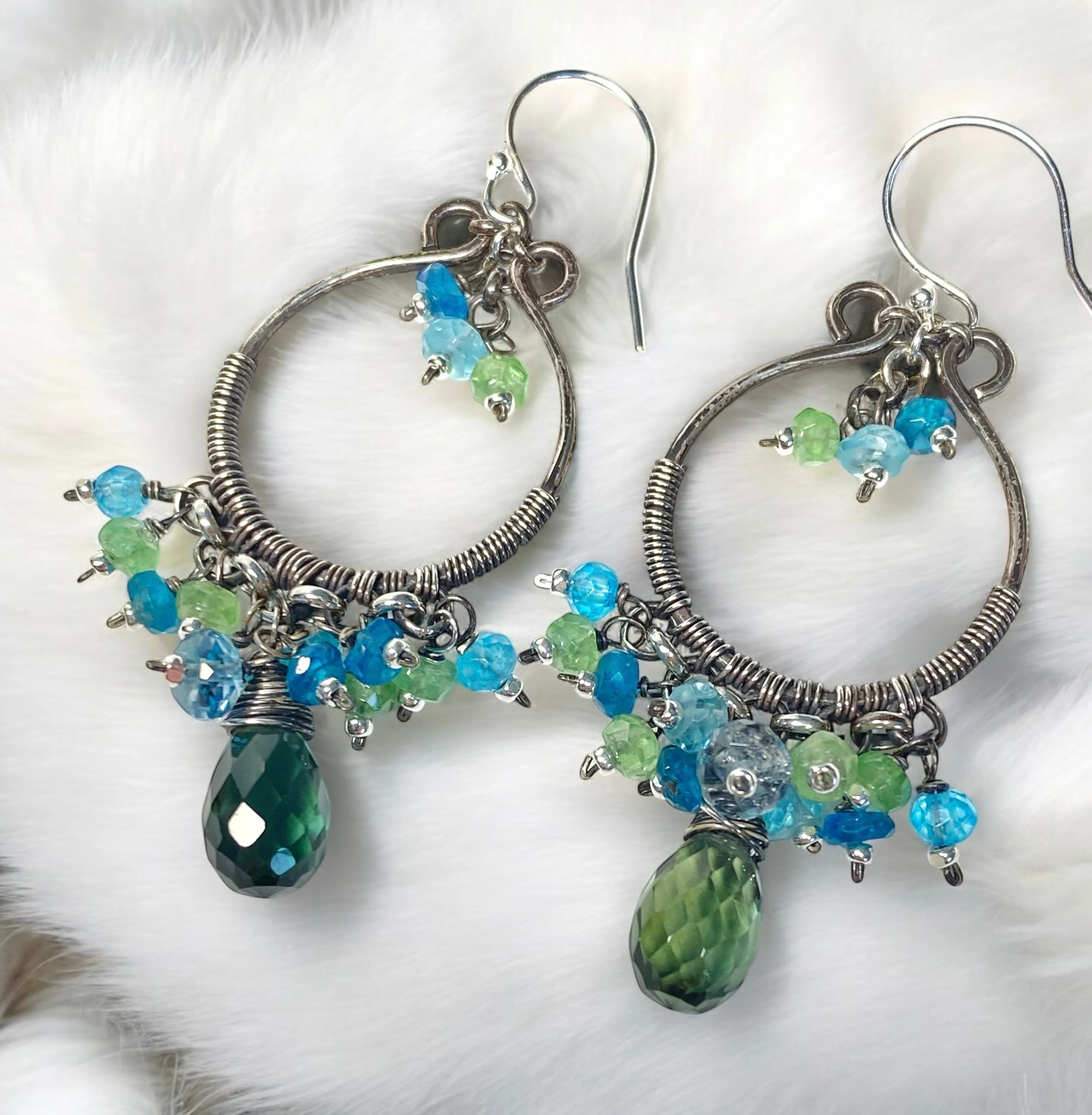 Oxidized Silver Hoop Chandelier Earrings, Aqua, Green Tsavorite, Blue Topaz 2