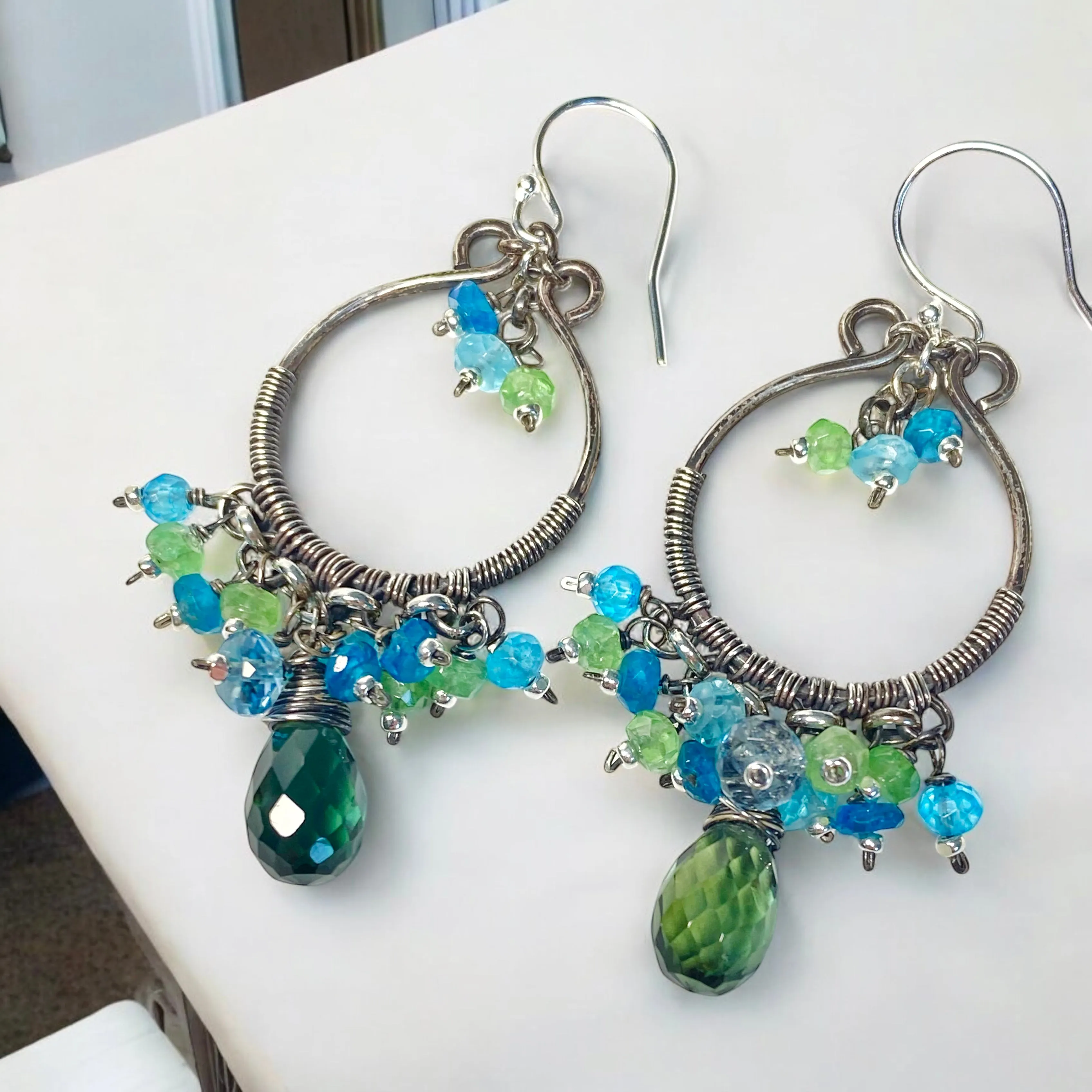 Oxidized Silver Hoop Chandelier Earrings, Aqua, Green Tsavorite, Blue Topaz 2
