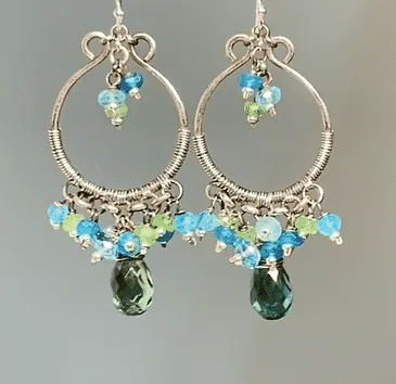 Oxidized Silver Hoop Chandelier Earrings, Aqua, Green Tsavorite, Blue Topaz 2