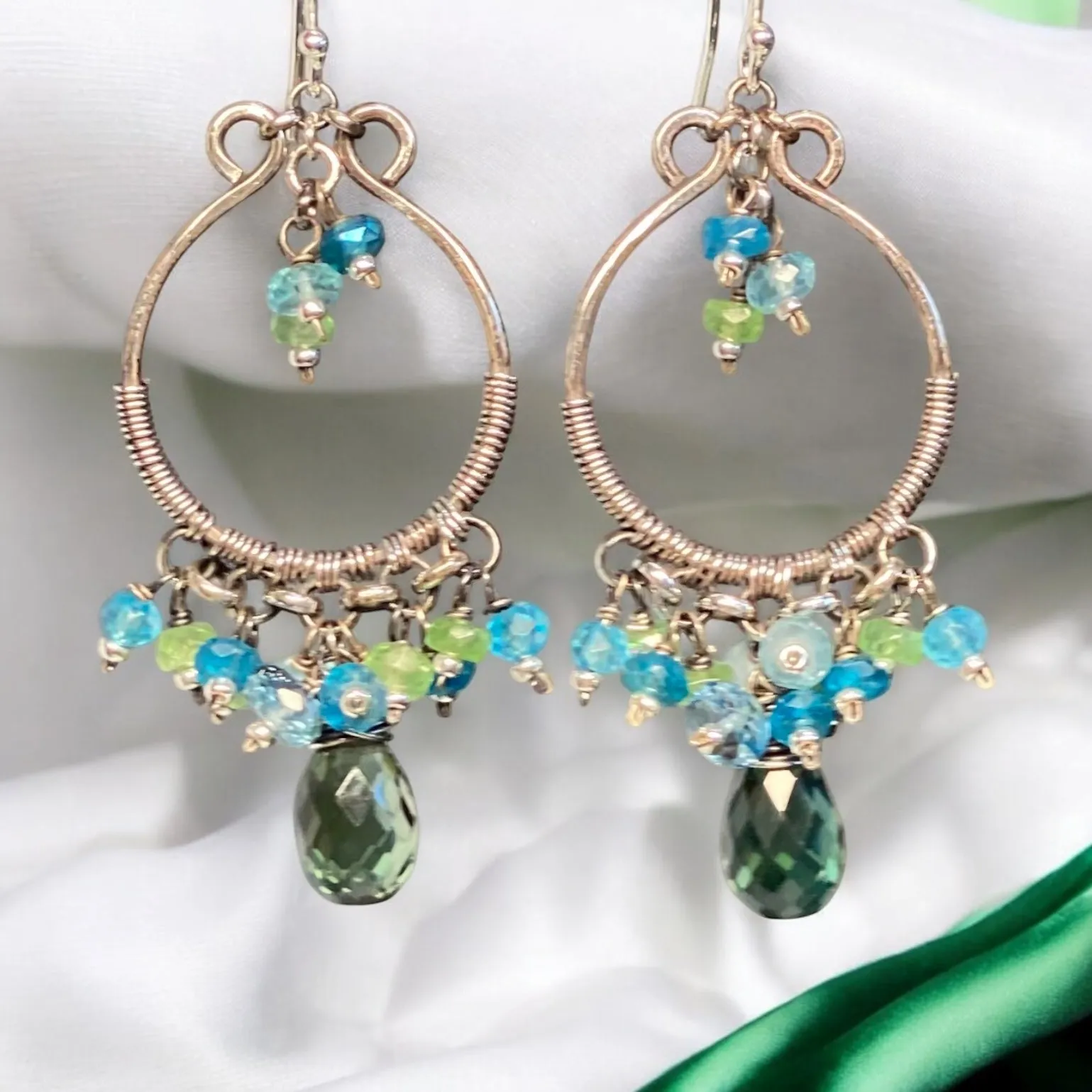 Oxidized Silver Hoop Chandelier Earrings, Aqua, Green Tsavorite, Blue Topaz 2