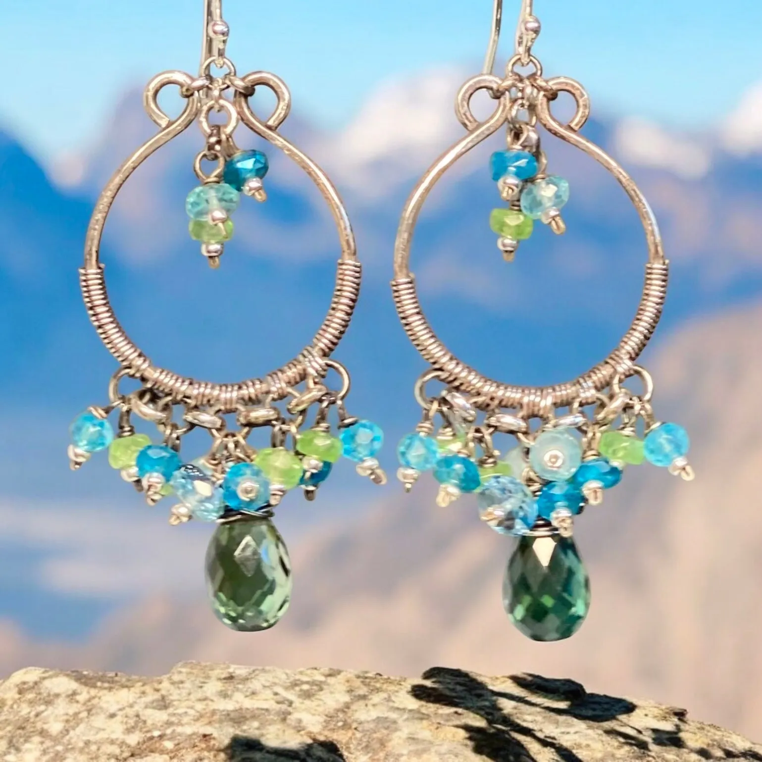 Oxidized Silver Hoop Chandelier Earrings, Aqua, Green Tsavorite, Blue Topaz 2