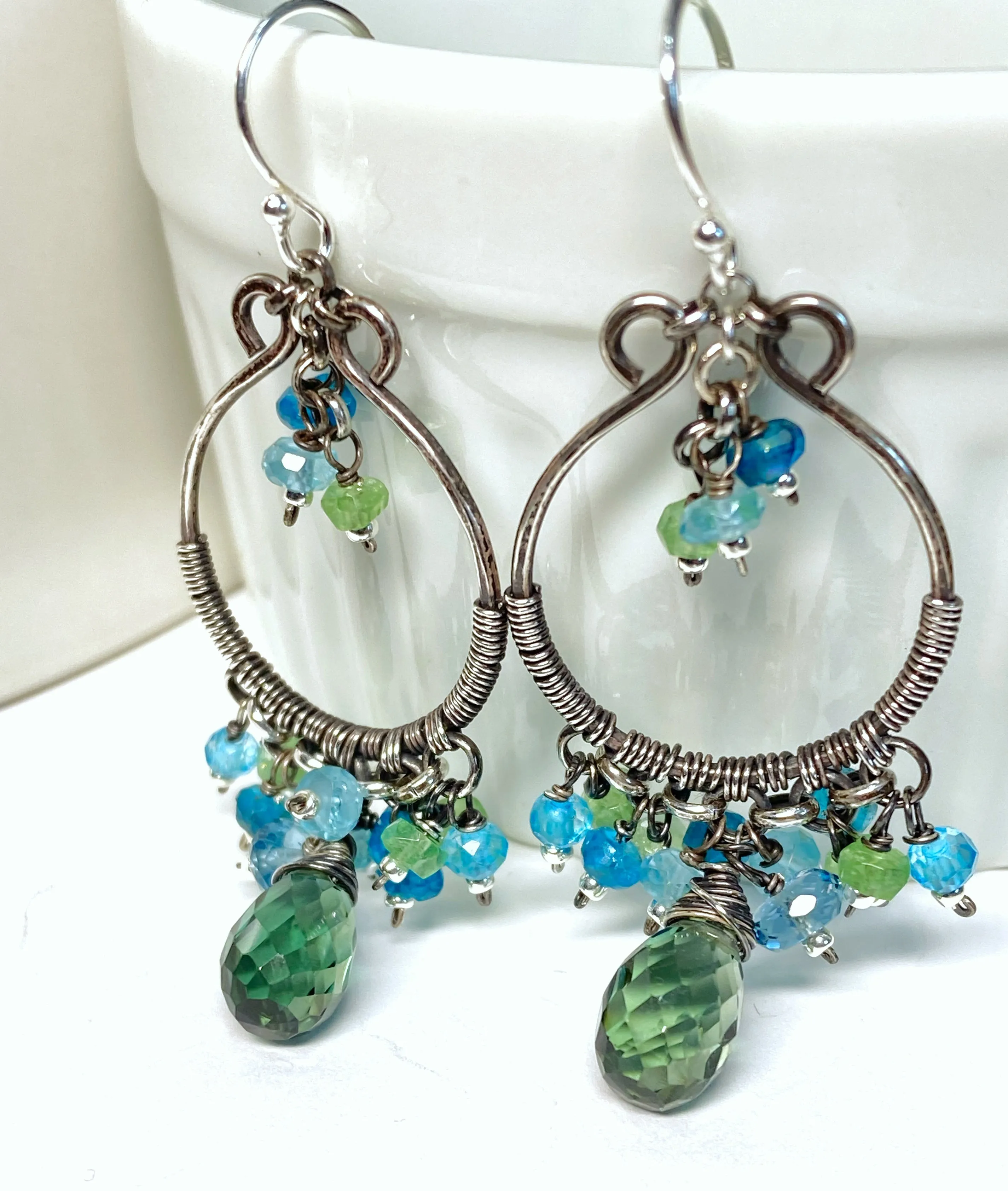 Oxidized Silver Hoop Chandelier Earrings, Aqua, Green Tsavorite, Blue Topaz 2