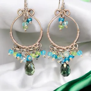 Oxidized Silver Hoop Chandelier Earrings, Aqua, Green Tsavorite, Blue Topaz 2
