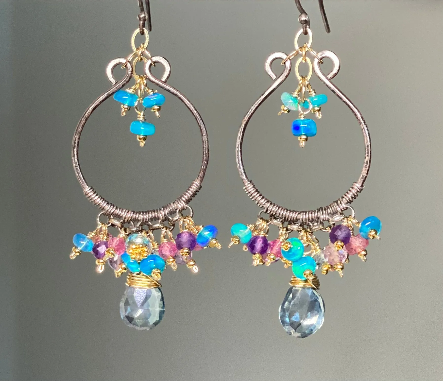Oxidized Silver Hoop Chandelier Earrings, Aqua Opal, Pink Sapphire, Mixed Metals 1