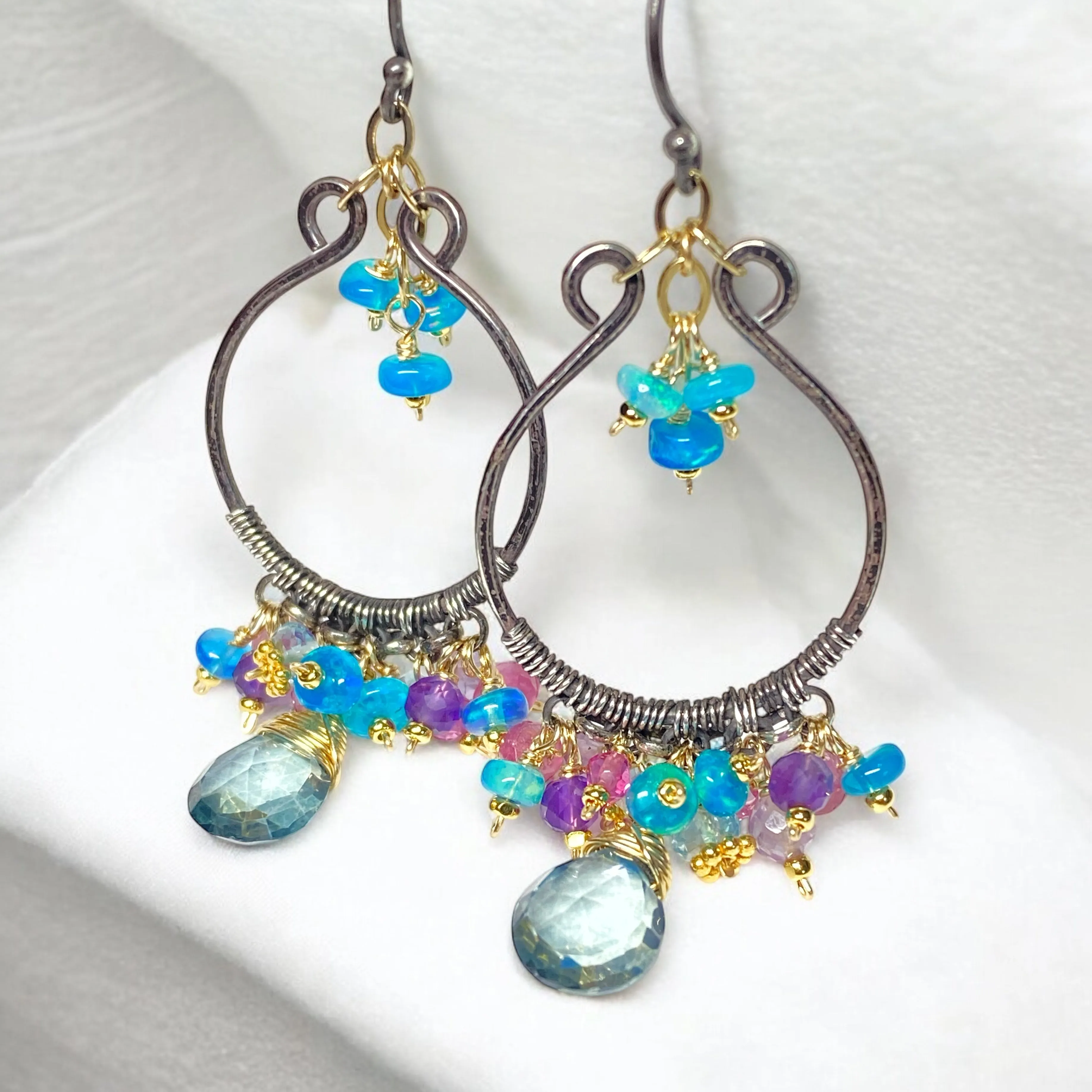 Oxidized Silver Hoop Chandelier Earrings, Aqua Opal, Pink Sapphire, Mixed Metals 1