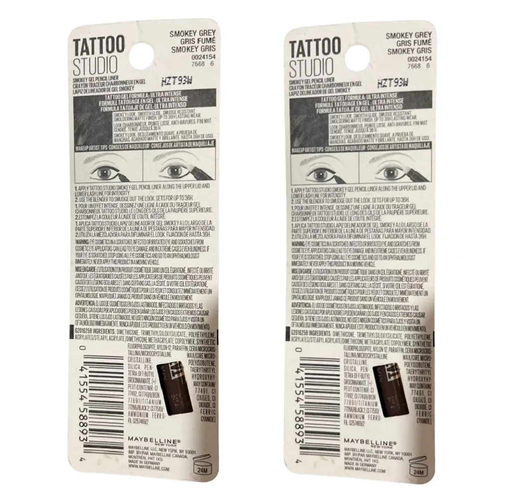Pack of 2 Maybelline New York Tattoo Studio Smokey Gel Pencil Liner, Smokey Grey 20