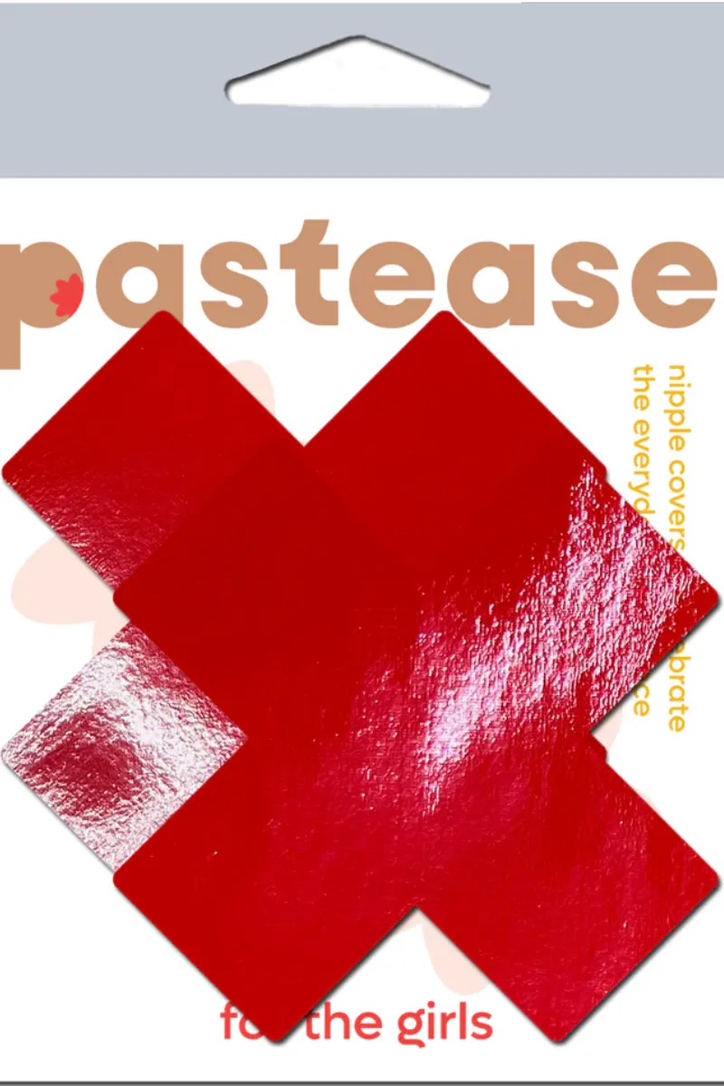 Pastease Faux Latex Pleather Vinyl Cross Nipple Pasties - Red