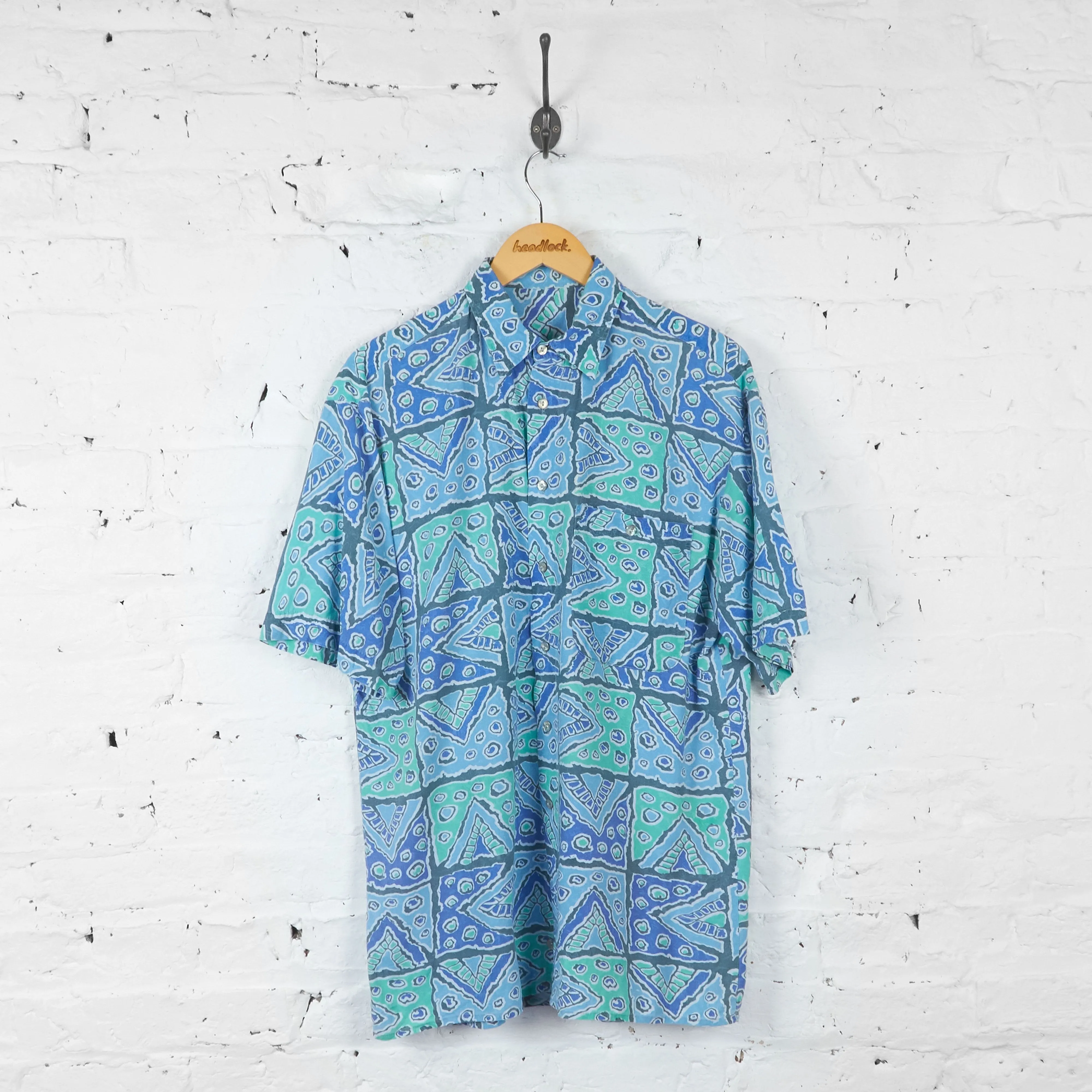 Patterned 90s Short Sleeve Shirt - Green/Blue - L
