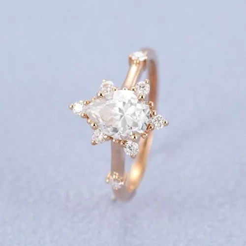 Pear Cut Moissanite Ring Vintage Moissanite Wedding Ring 14k Rose Gold Unique Pave Engagement Ring 6x8mm Stackable Promise Ring