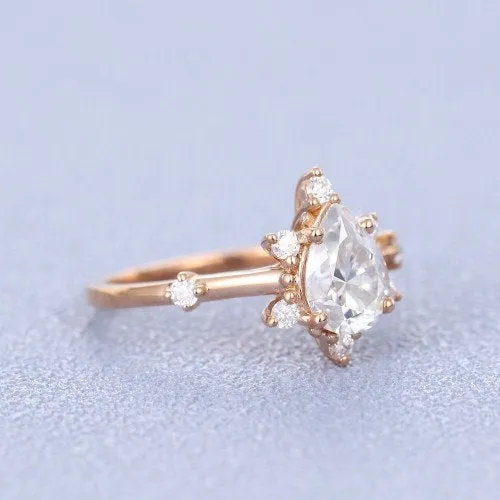 Pear Cut Moissanite Ring Vintage Moissanite Wedding Ring 14k Rose Gold Unique Pave Engagement Ring 6x8mm Stackable Promise Ring