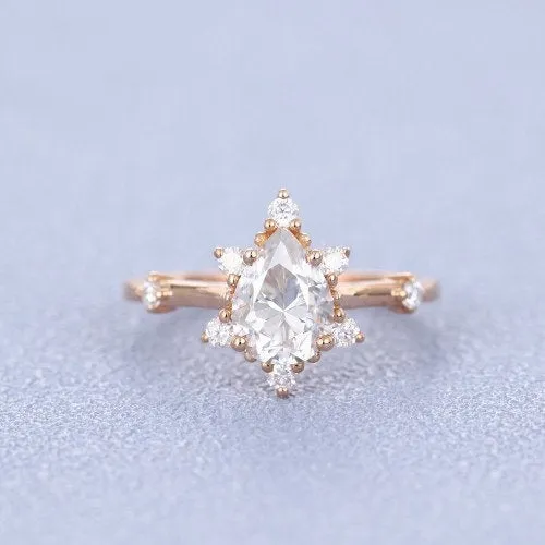 Pear Cut Moissanite Ring Vintage Moissanite Wedding Ring 14k Rose Gold Unique Pave Engagement Ring 6x8mm Stackable Promise Ring