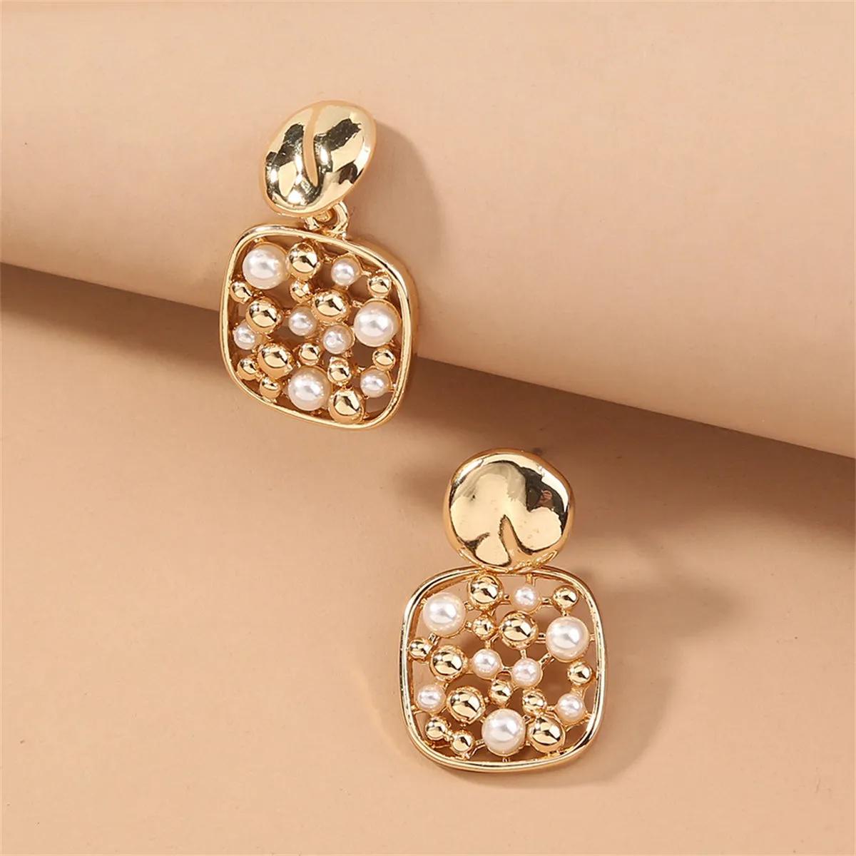 Pearl & 18K Gold-Plated Square Bezel-Set Drop Earrings