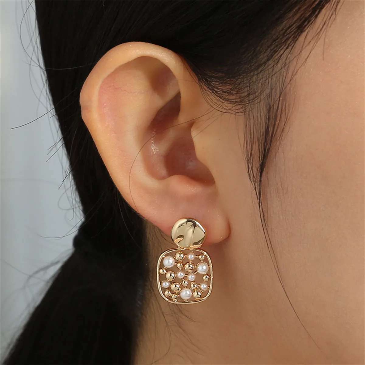 Pearl & 18K Gold-Plated Square Bezel-Set Drop Earrings