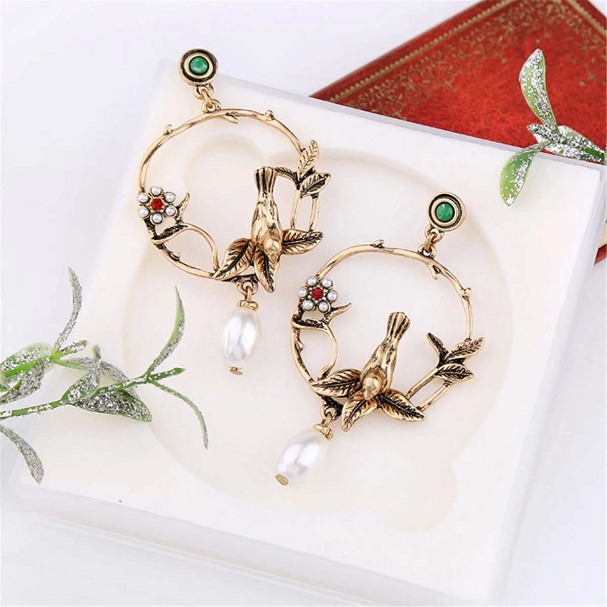 Pearl & Cubic Zirconia 18K Gold-Plated Bird Drop Earrings