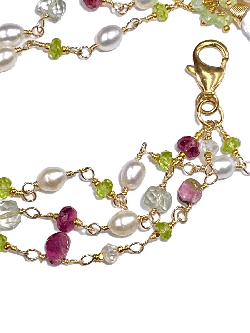 Peridot, Watermelon Tourmaline Slice and Pearl Dainty Triple Strand Bracelet Gold Fill