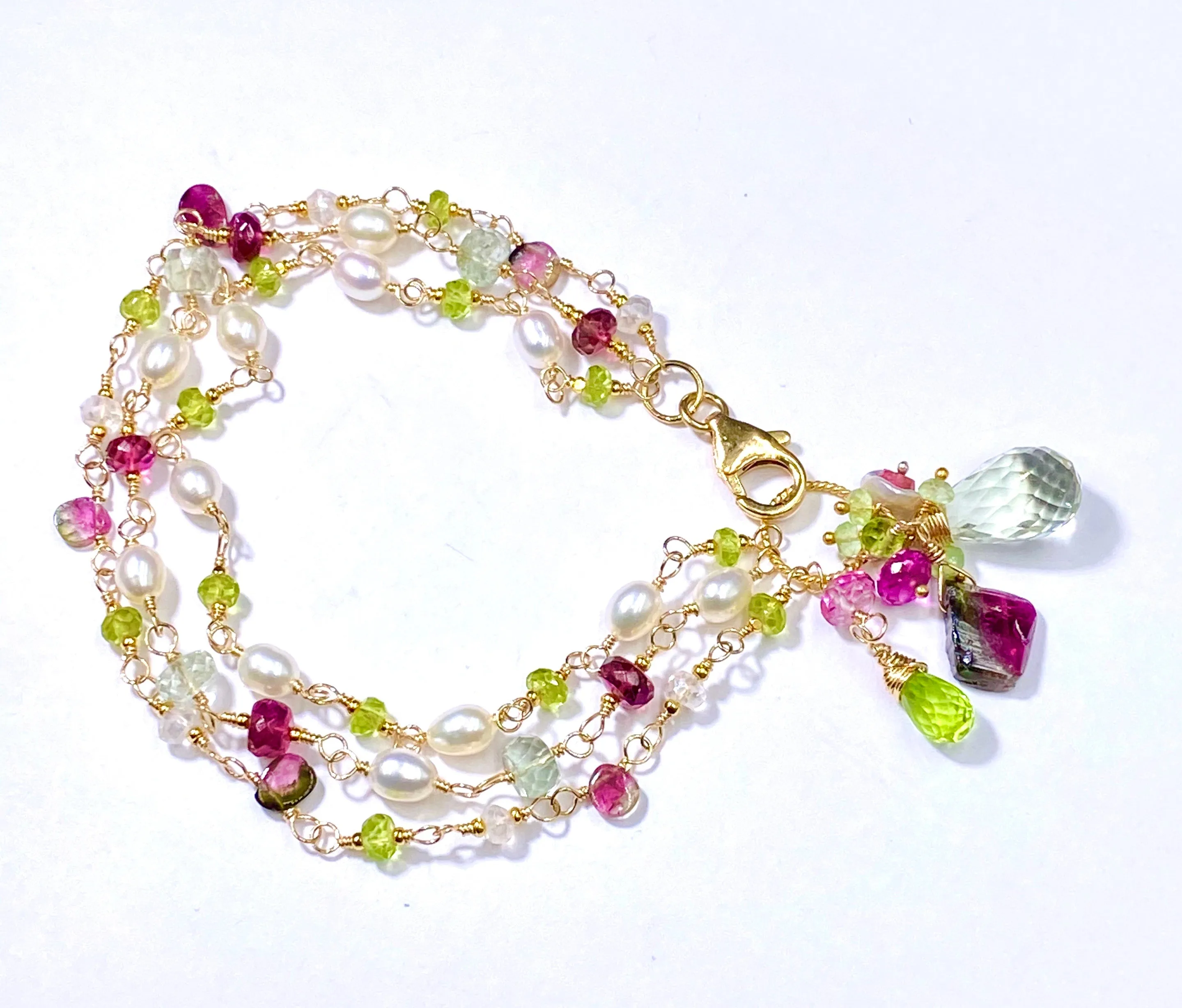 Peridot, Watermelon Tourmaline Slice and Pearl Dainty Triple Strand Bracelet Gold Fill