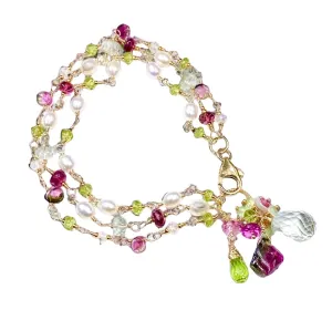 Peridot, Watermelon Tourmaline Slice and Pearl Dainty Triple Strand Bracelet Gold Fill