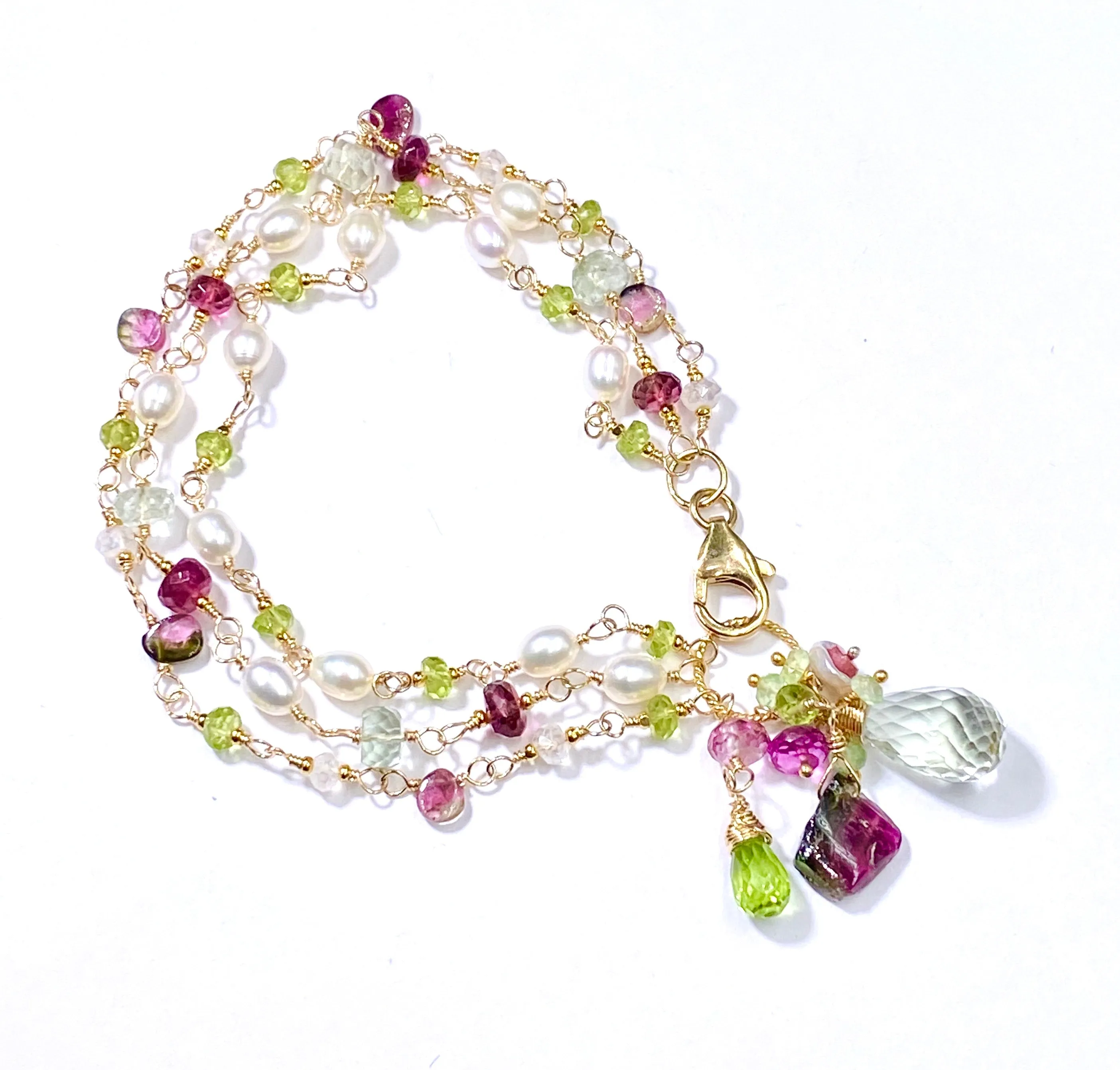 Peridot, Watermelon Tourmaline Slice and Pearl Dainty Triple Strand Bracelet Gold Fill