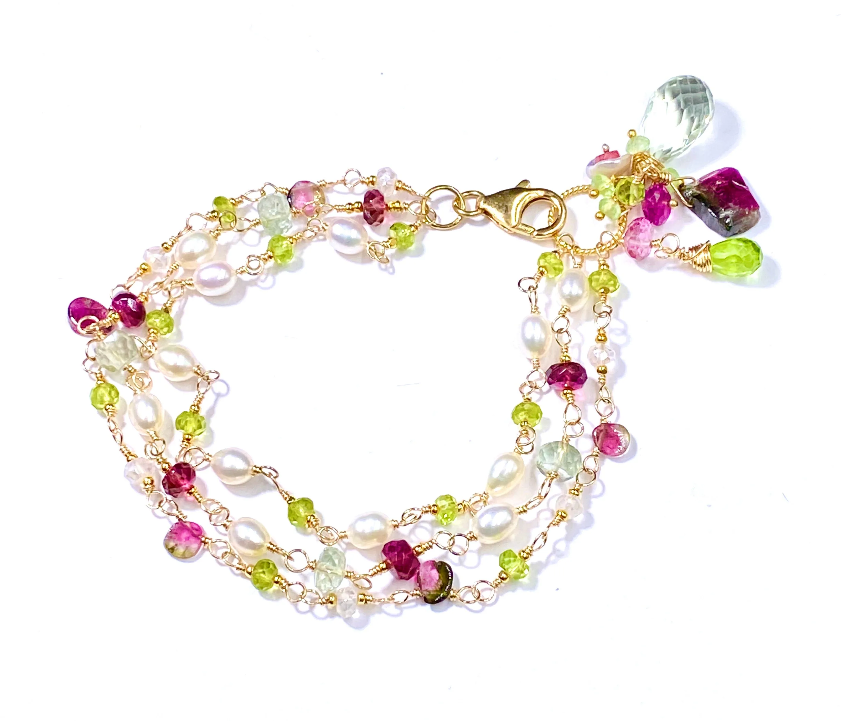 Peridot, Watermelon Tourmaline Slice and Pearl Dainty Triple Strand Bracelet Gold Fill