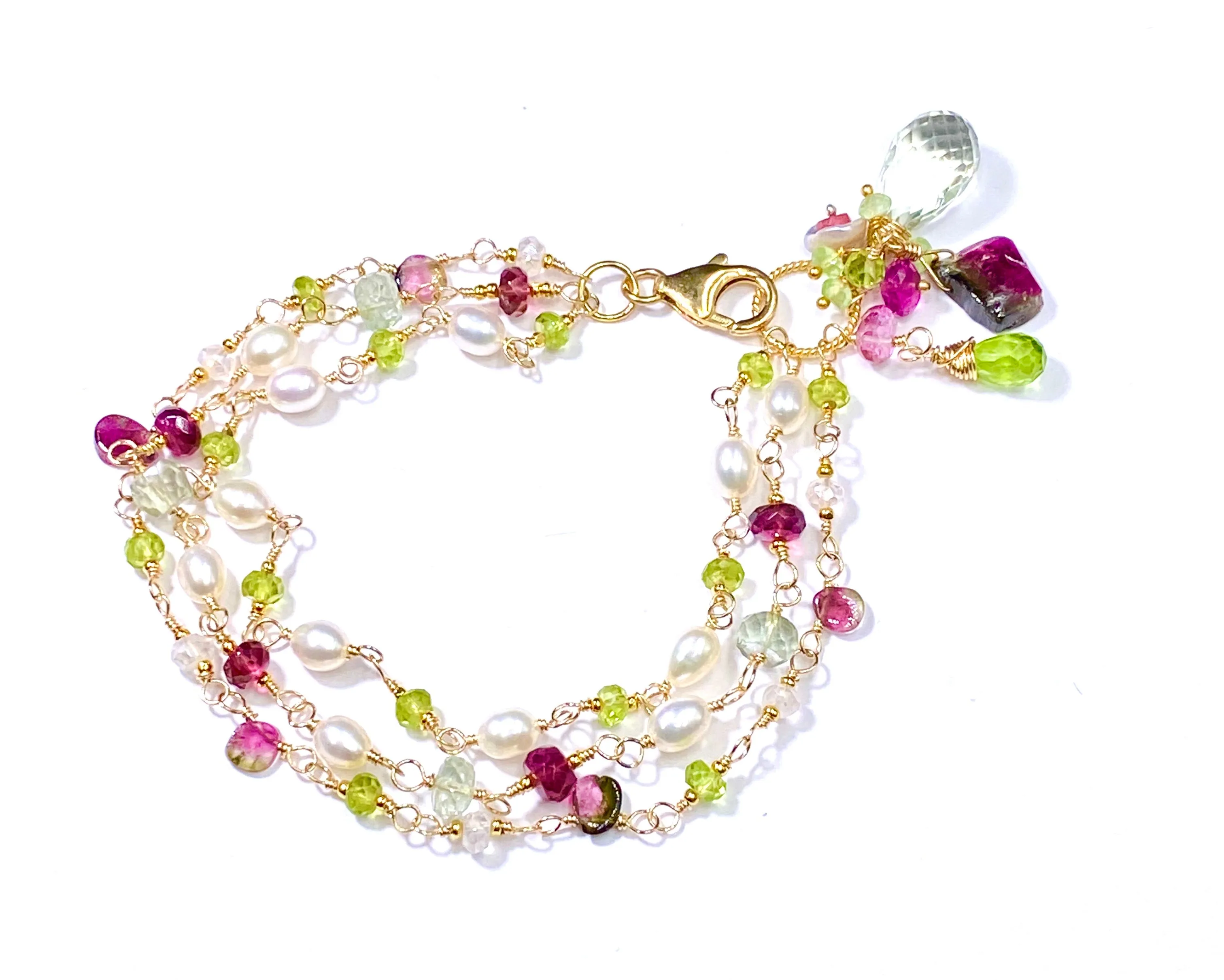 Peridot, Watermelon Tourmaline Slice and Pearl Dainty Triple Strand Bracelet Gold Fill