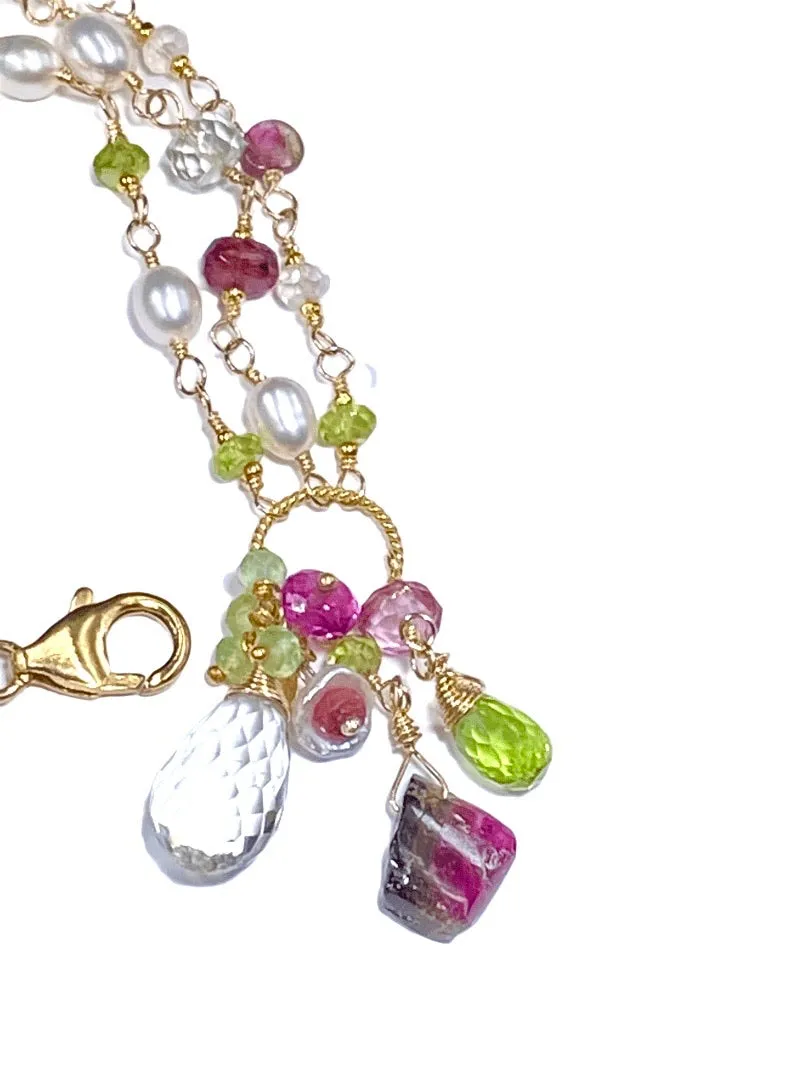 Peridot, Watermelon Tourmaline Slice and Pearl Dainty Triple Strand Bracelet Gold Fill