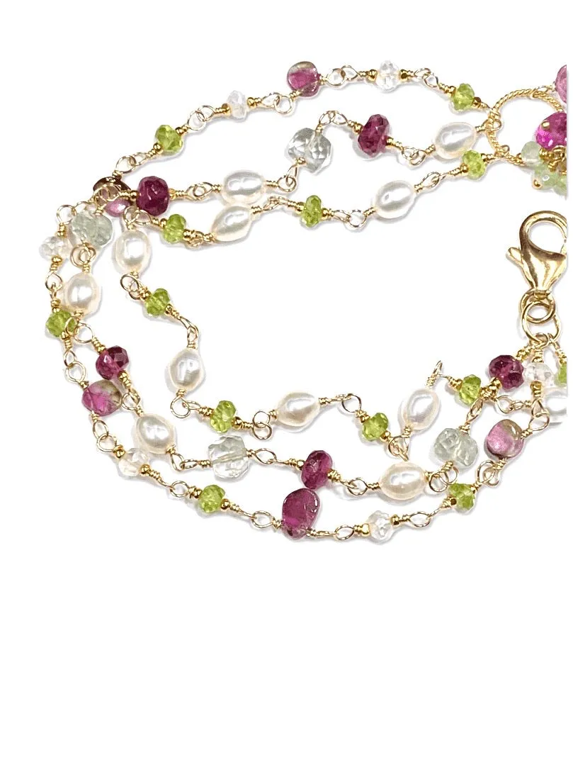 Peridot, Watermelon Tourmaline Slice and Pearl Dainty Triple Strand Bracelet Gold Fill