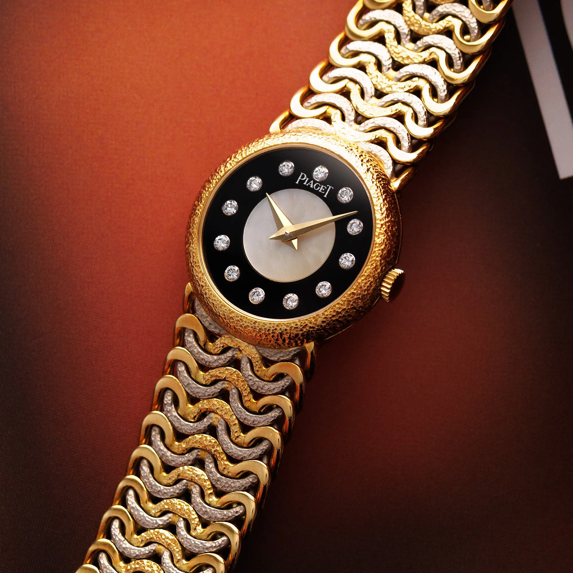 Piaget Two-Tone Bracelet Watch Ref. 4152 with Onyx, Diamond and Mother of Pearl Dial